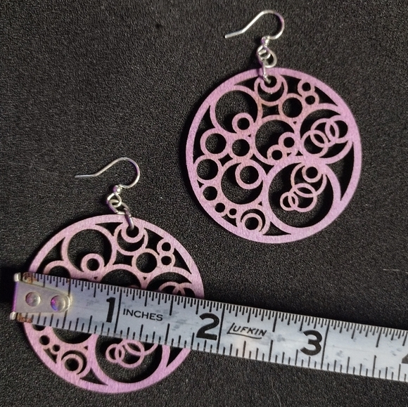 Purple Wooden Circle Dangle Earrings - Picture 5 of 6